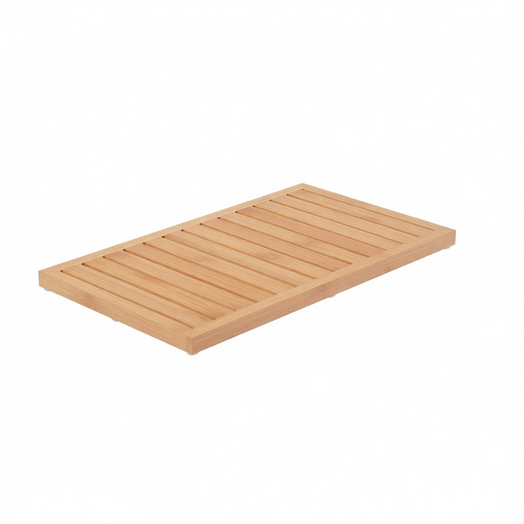 Non-slip slatted bamboo bath mat on a white studio background