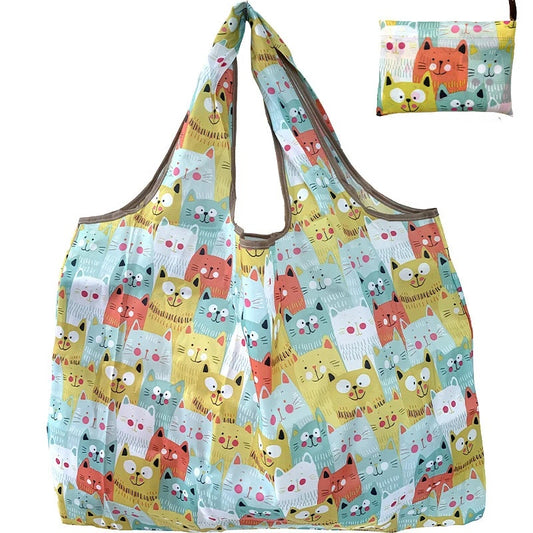 Foldable Shopping Tote Bag - yellow cat print